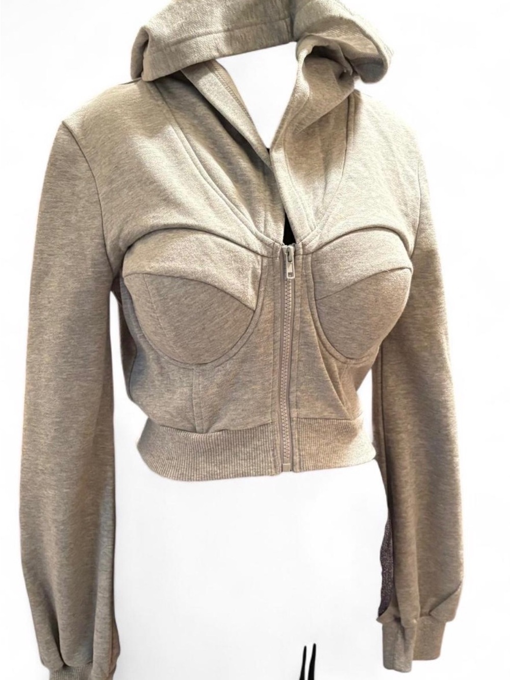 Cropped Hoodie Jacket with Structured Bust Detail - Grey